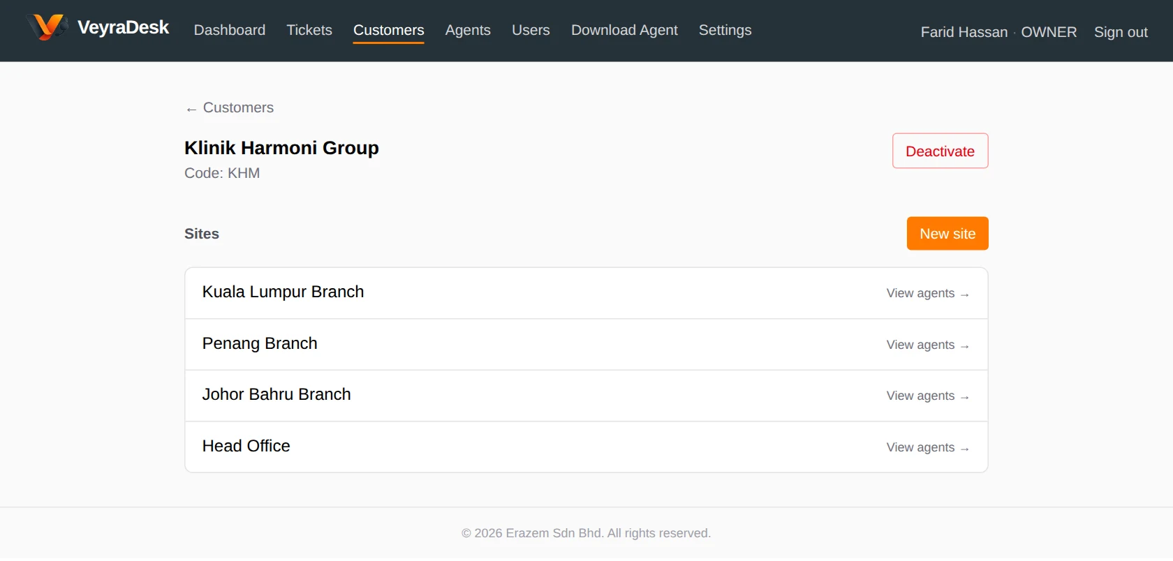A customer in VeyraDesk with its branch sites listed